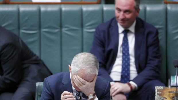 Deputy Prime Minister Barnaby Joyce and Prime Minister Malcolm Turnbull during question time on Monday.