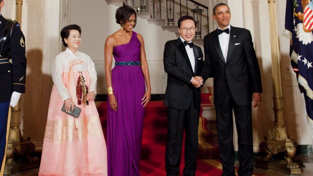 Wearing a dress by Korean American designer Doo-Ri Chung for the South Korea state dinner in 2011.
