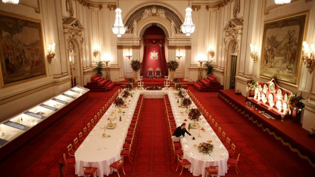 Table settings are laid out in the Palace Ballroom for a State Banquet at The Royal Welcome Summer opening exhibition at Buckingham Palace on July 23, 2015 in London, England. 