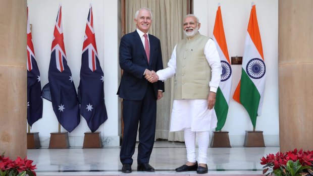 Prime Minister Malcolm Turnbull with Indian Prime Minister Narendra Modi at Hyderabad House in New Delhi, India on Monday.