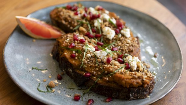 The slow-roasted pumpkin with feta and pomegranate seeds.