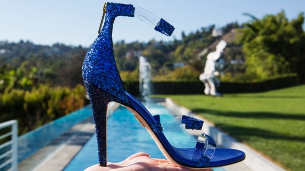 Tamara Mellon's breakout style, the invisibly-strapped Frontline sandal, at her home in Los Angeles.