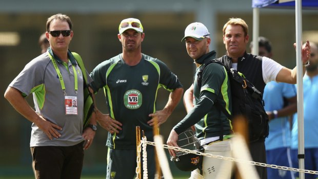 Powerbrokers: Mark Waugh, Greg Blewett, Michael Clarke and Shane Warne at Australia's nets session on Wednesday.
