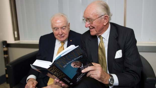 Malcolm Fraser visited his former adversary 
Gough Whitlam while in Sydney for his book tour in 2010. They both signed copies of their own biographies for each other.
