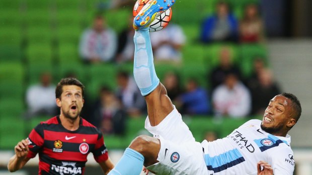 Harry Novillo of Melbourne City fails to connect with a scissors kick for goal.