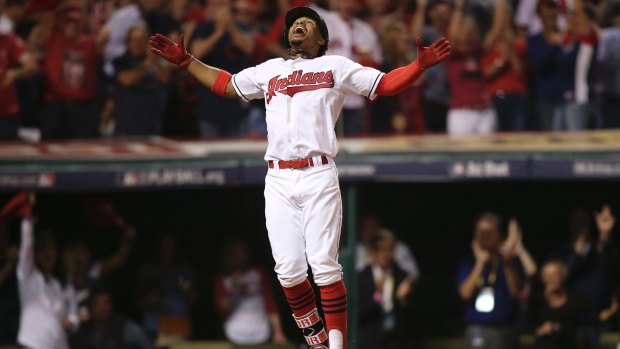 Power surge: Cleveland's Francisco Lindor celebrates his solo home run in the third inning.
