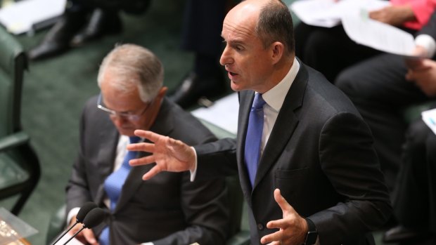 Prime Minister Malcolm Turnbull and Minister Stuart Robert during question time in Parliament House in February 2016. 
