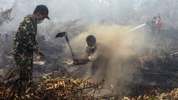 Villagers and military personnel work to contain a wildfire on a field in Rimbo Panjang, Indonesia.