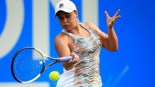 Ashleigh Barty hits a forehand in her win over Barbora Strycova at Edgbaston.