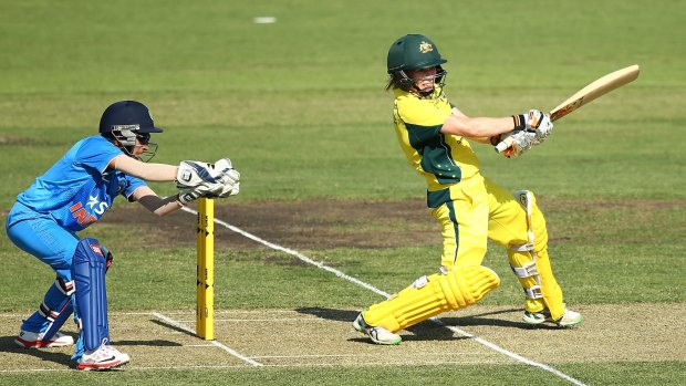 A cut above: Alex Blackwell cuts on her way to a century against India on Tuesday.