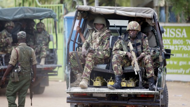 On guard: Kenya Defence Force soldiers at Garissa University College, the site of the attack.