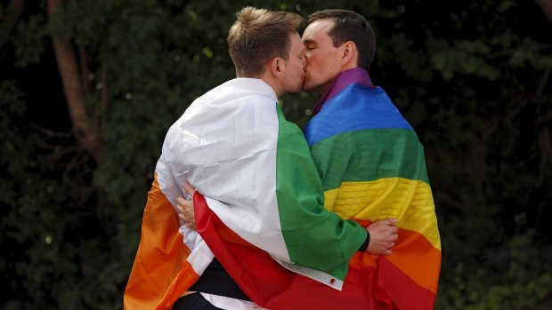 A couple embracing outside the count centre in Dublin when Ireland held a referendum on gay marriage on May 23, 2015. 