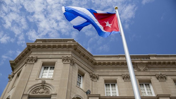 The Cuban flag flies at the Cuban embassy in Washington, DC.