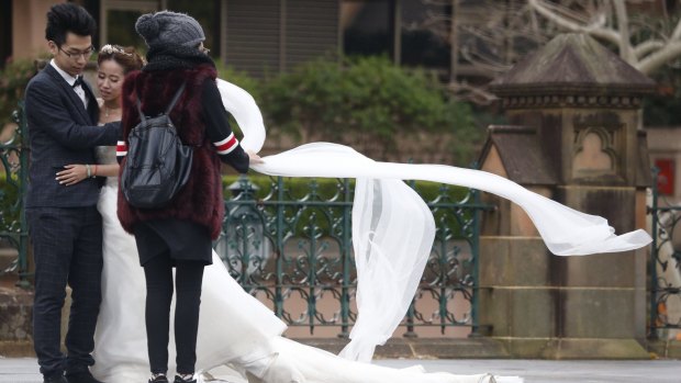 A bride and groom shelter from the gusts of wind outside St Mary's Cathedral, as Sydney's weather reverts to winter.