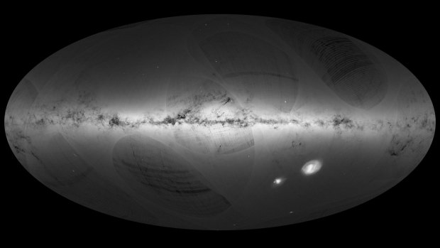 This photo provided by ESA shows an all-sky view of stars in our Galaxy - the Milky Way - and neighbouring galaxies, based on the first year of observations from ESA's Gaia satellite from July 2014 to September 2015. 