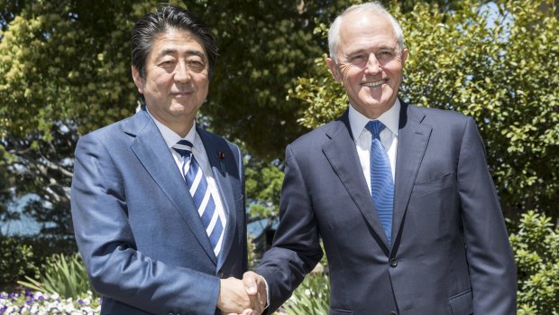 Japanese Prime Minister Shinzo Abe with Prime Minister Malcom Turnbull earlier in January.