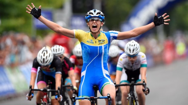 Kimberley Wells wins the women's criterium at the Australian road cycling championships earlier this year.
