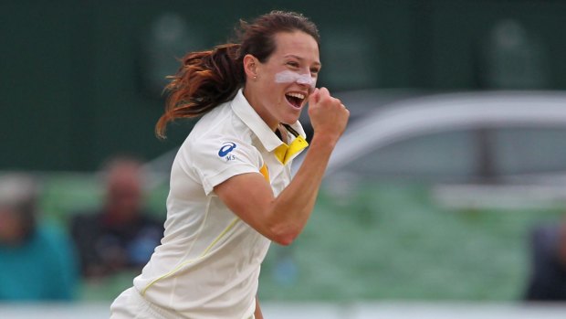 Megan Schutt celebrates the wicket of Laura Marsh of England during day two of the women's Ashes Test