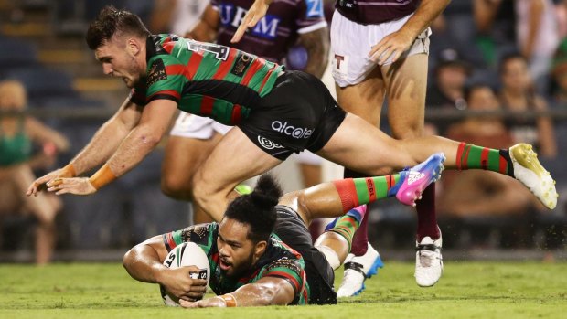 Consolation: Siosifa Talakai scores for Souths in their six-point loss to Manly.