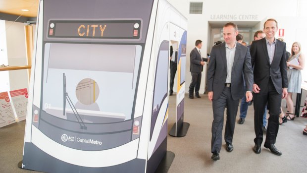 Popular in Gungahlin: ACT Chief Minister Andrew Barr and for Capital Metro Minister Simon Corbell show off a model of the proposed tram.