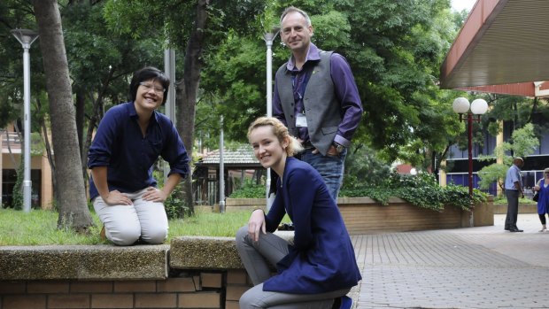 Charlene Liau, Natalia Weglarz and Hamish Sinclair said simple acts like filling cracked concrete with Lego could help revitalise the Tuggeranong town centre.