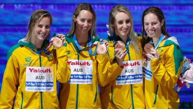 Australia's Bronte Campbell, Emma McKeon, Taylor McKeown and Emily Seebohm from left, show off their bronze medals for the women's 4x100-meter medley relay.