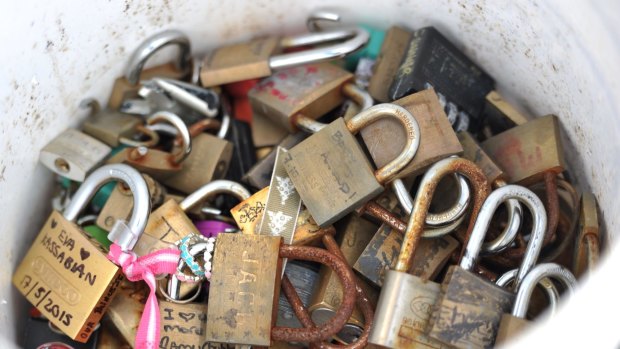 Locks of love freshly removed from the Southbank footbridge on Thursday. 