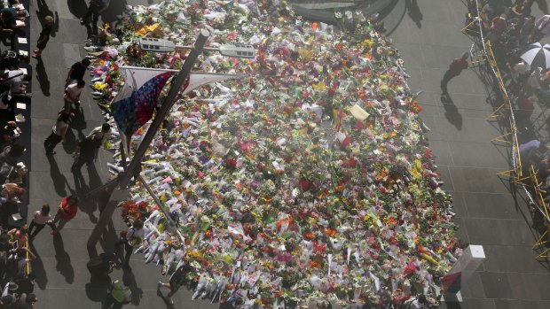 Tributes at Sydney's Martin Place, seen from the air. 