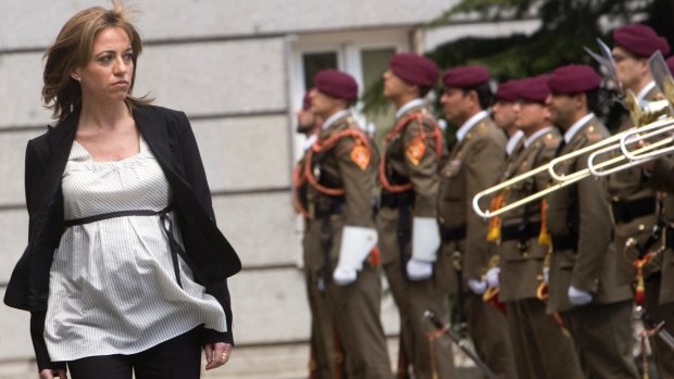 Spain's Defence Minister Carme Chacon reviewing troops while heavily pregnant became a symbol of a new era in Spanish politics, Madrid, 2008.