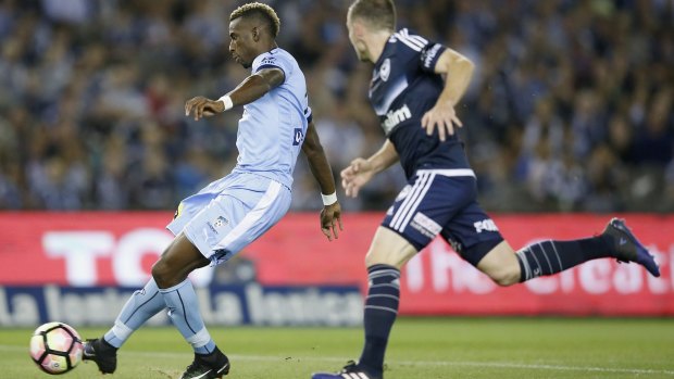 Bernie Ibini-Isei of Sydney FC scores during the round 17 A-League match between the Melbourne Victory and Sydney FC.