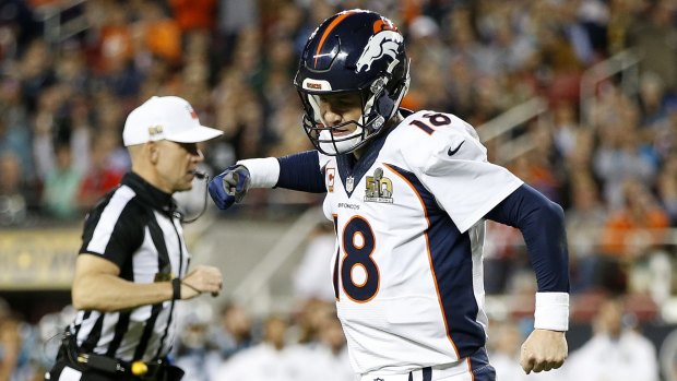 NFL veteran Peyton Manning celebrates a touchdown during the Super Bowl.