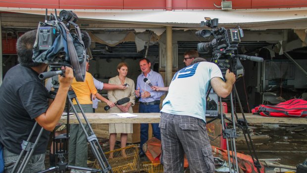 Queensland Governnor Penelope Wensley and Ipswich Mayor Paul Pisasale
during a media conference amongst the damage on Limestone Street,
Ipswich.