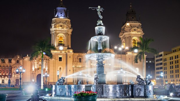 The Basilica Cathedral of Lima at night, it is a Roman Catholic cathedral located in the Plaza Mayor in Lima, 