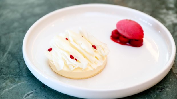 Epoisses mousse with raspberry and juniper sorbet.