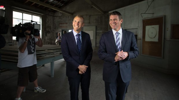 NSW Premier Mike Baird (right) and Planning Minister Rob Stokes at the former industrial site at White Bay. 