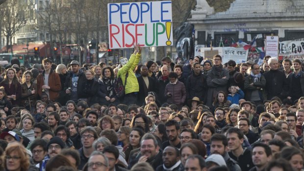 People gather in the Place de la Republique in Paris to express their opposition to the proposed labour law changes.