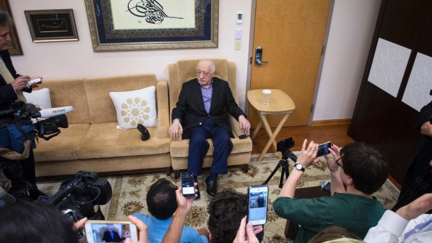 Fethullah Gulen, a Muslim thinker and former ally of Turkish President Recep Tayyip Erdogan, speaks to reporters at his compound in Saylorsburg, Pennsylvania, in July 2016. He denies any role in the coup attempt.