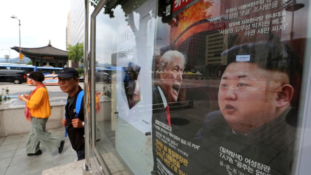 Magazine front cover photos of US President Donald Trump and Kim Jong-un, right, and a headline "Korean Peninsula Crisis" are displayed in Seoul, South Korea.