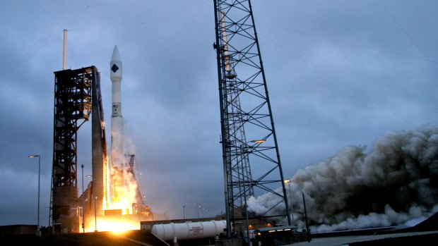 A United Launch Alliance Atlas V rocket lifts off from launch complex 41 at the Cape Canaveral Air Force Station in Cape Canaveral, Florida.