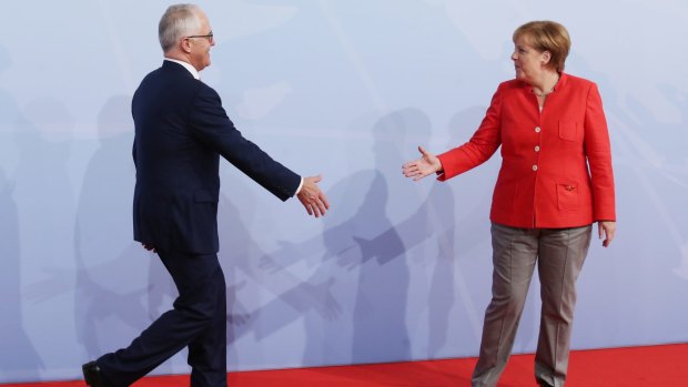 Australian Prime Minister Malcolm Turnbull meets with German Chancellor Angela Merkel in Hamburg.