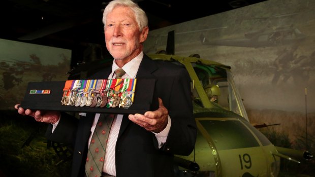 Retired Veteran Harry Smith with his medals at the Australian War Memorial in Canberra.