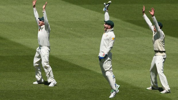 Steve Smith of Australia (left) Peter Nevill (centre) and Adam Voges appeal unsuccessfully  for an LBW against Rajendra Chandrika of the West Indies on Sunday at the MCG.