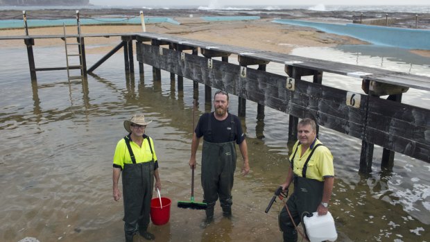 Our aim is clear: (From left) Terry Knott, Trent Bray and Mike Davoren at work on the north Narrabeen rock pool.