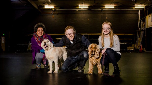 Dog auditions at the Canberra Theatre. from left, Lulu Turner with her dog Xavi, Artistic director Damien Ryan, and Marcella Zankin with her dog Muka.
