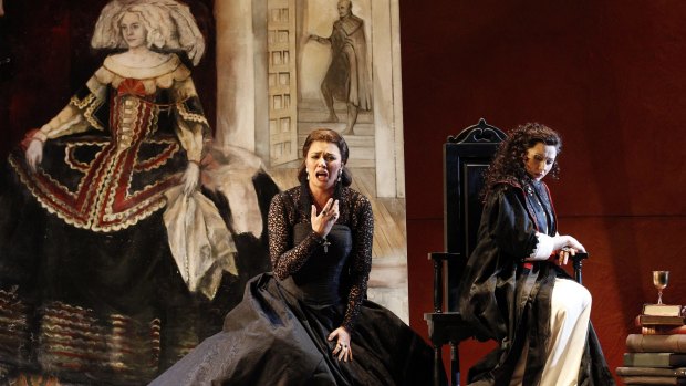 Milijana Nikolic (Princess Eboli) and Victoria Yastrebova (Elisabeth de Valois) in Opera Australia's "Don Carlos".