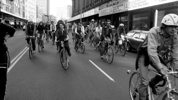 Cyclists ride down Sydney's George Street on a protest ride on September 6, 1979.
