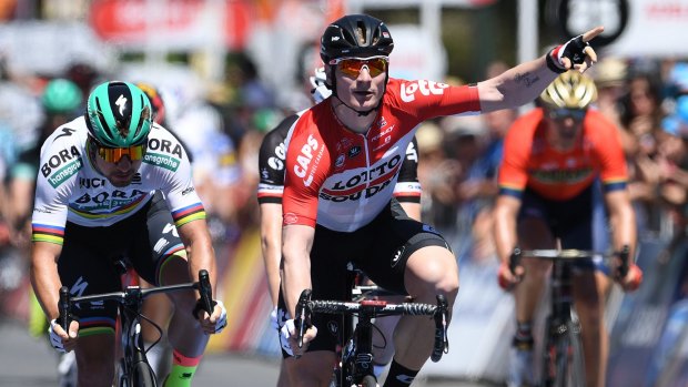 Andre Greipel (centre), followed by Peter Sagan (left) in third, wins stage one of the Tour Down Under from Port Adelaide to Lyndoch.
