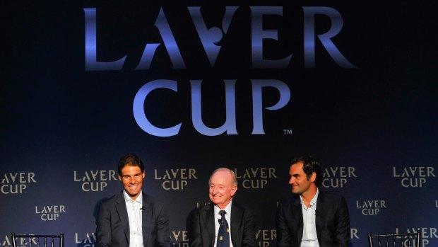 Rafael Nadal, Rod Laver and Roger Federer speak during the Laver Cup media announcement.