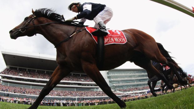 Green Moon, with Brett Prebble in the saddle, winning the 2012 Melbourne Cup.