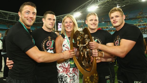 Burgess brothers Sam, Luke, George and Thomas with mother Julie as they celebrate victory following the 2014 NRL Grand Final.
